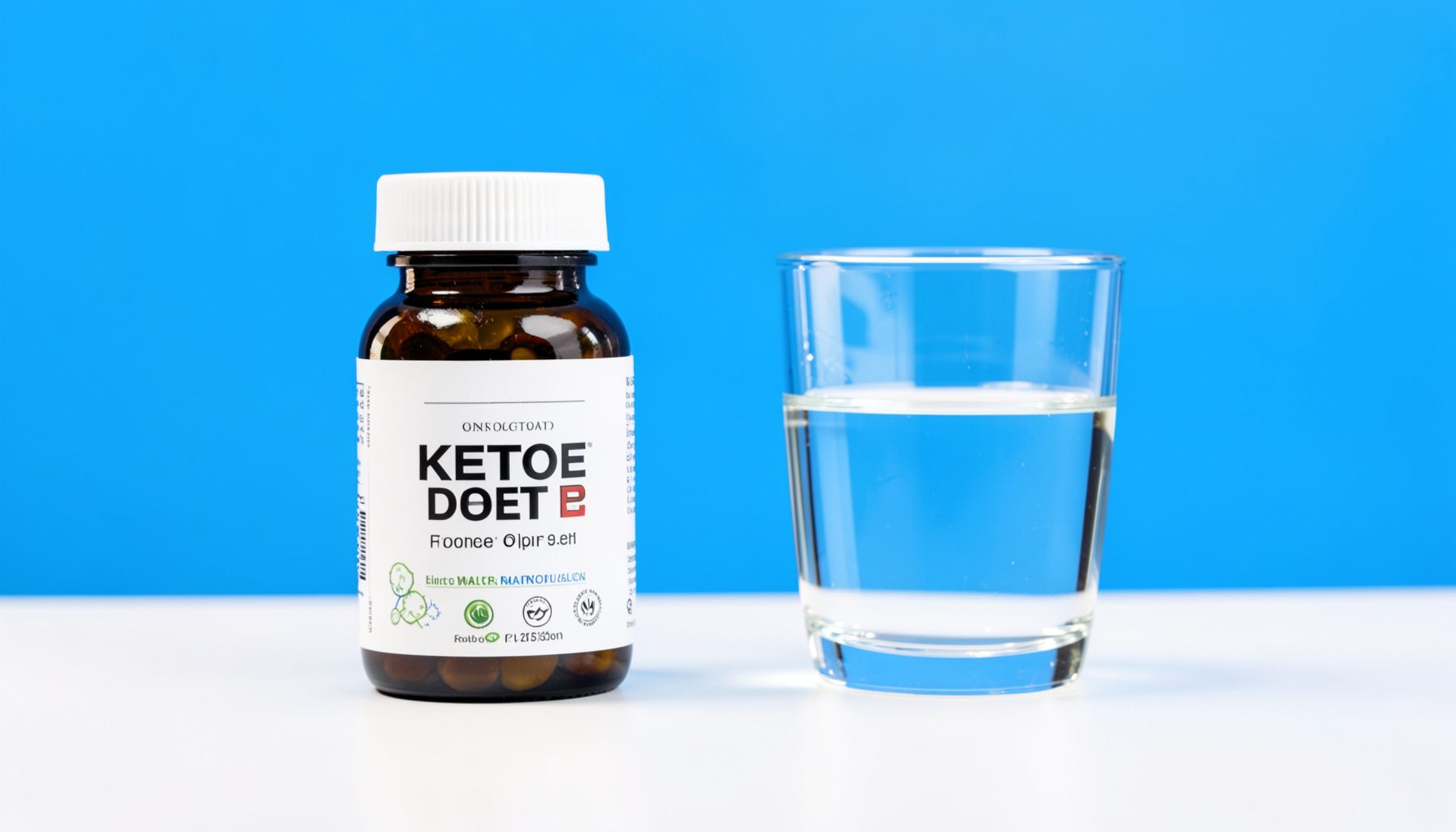 A keto diet pill bottle beside a glass of water on a white tabletop, bright natural light, clean and airy feel.