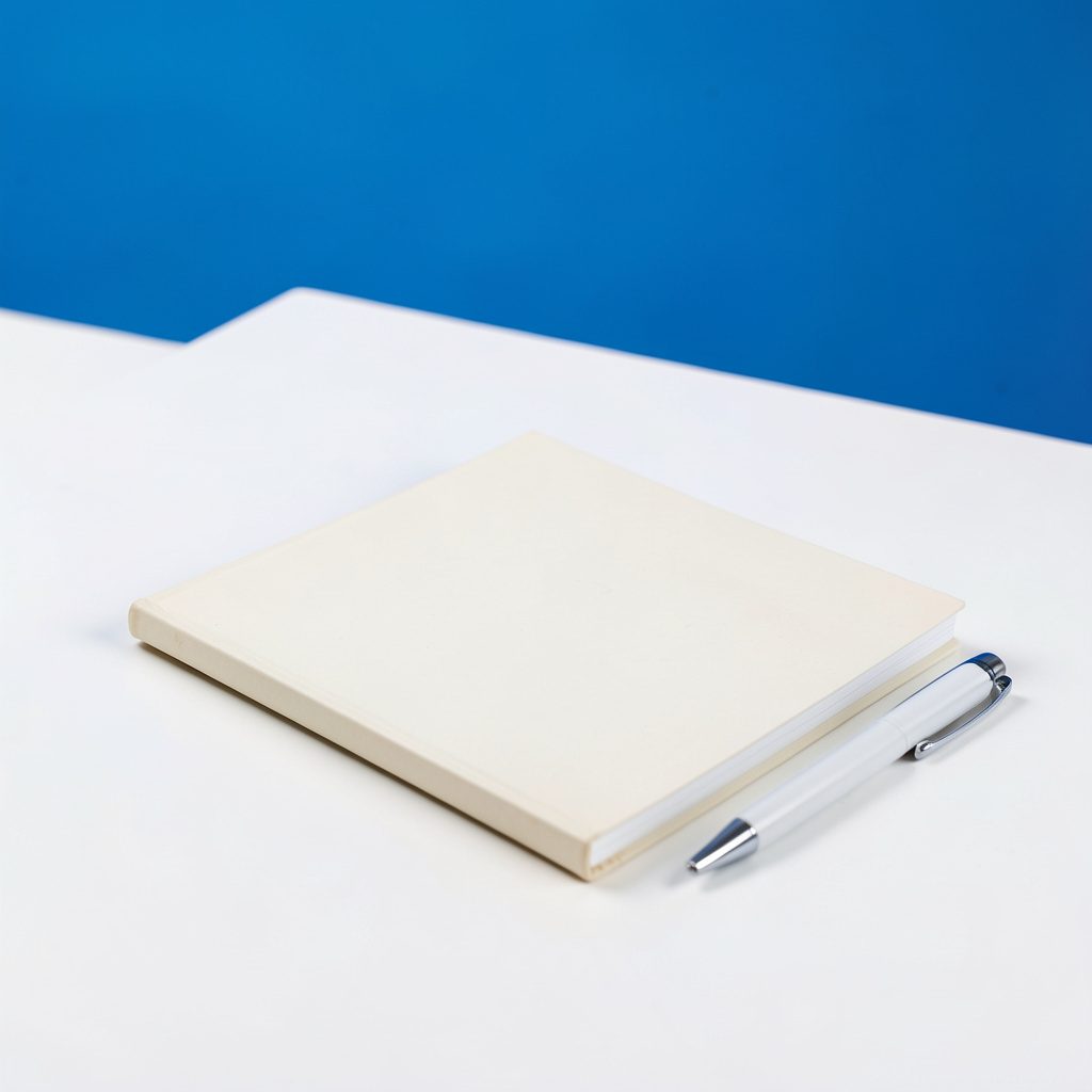 Crisp studio photograph of a notebook and pen on a clean white desk, neutral tones with soft natural light