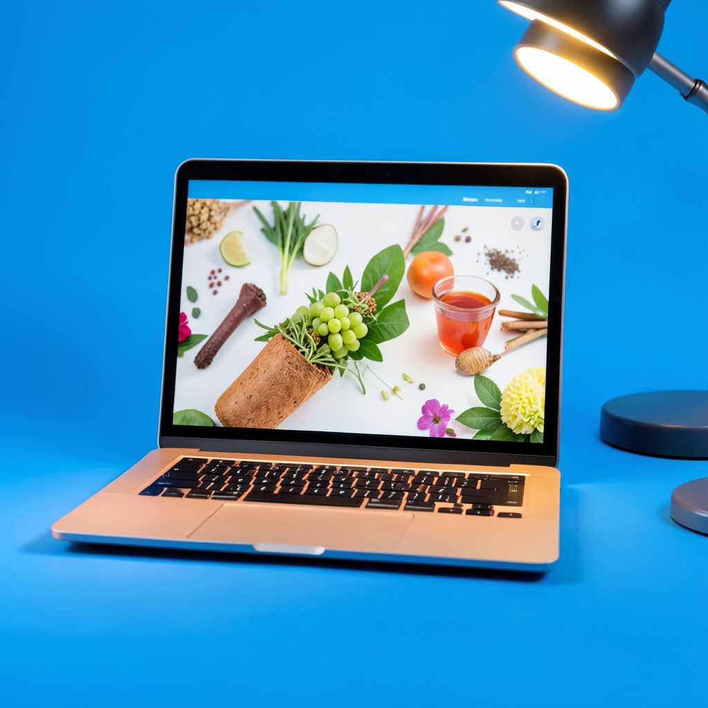 Crisp studio photograph of a modern laptop with a wellness-themed screen, warm desk lamp glow, clean composition
