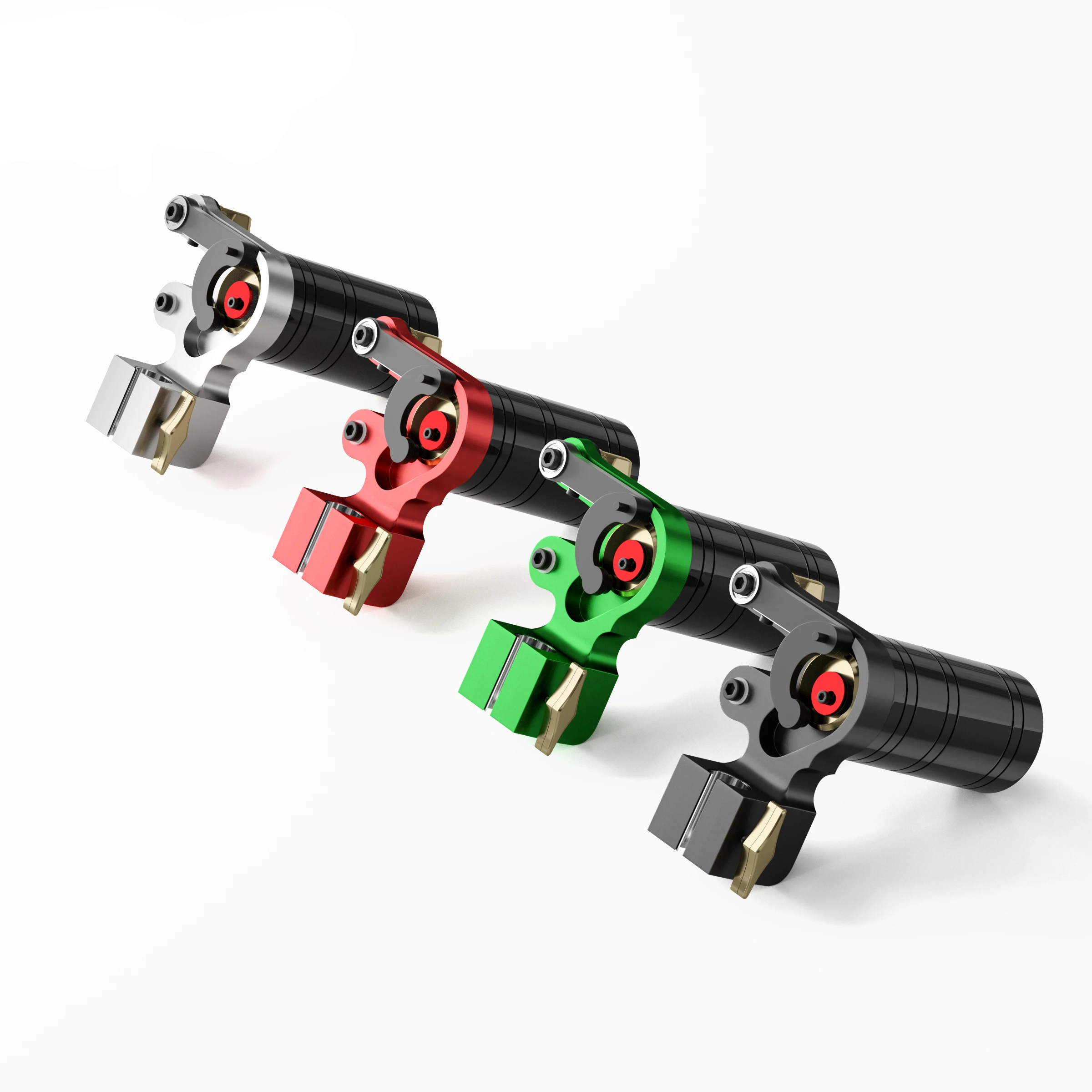 Four small mechanical clamp components in silver, red, green, and black metallic finishes arranged diagonally on a white surface