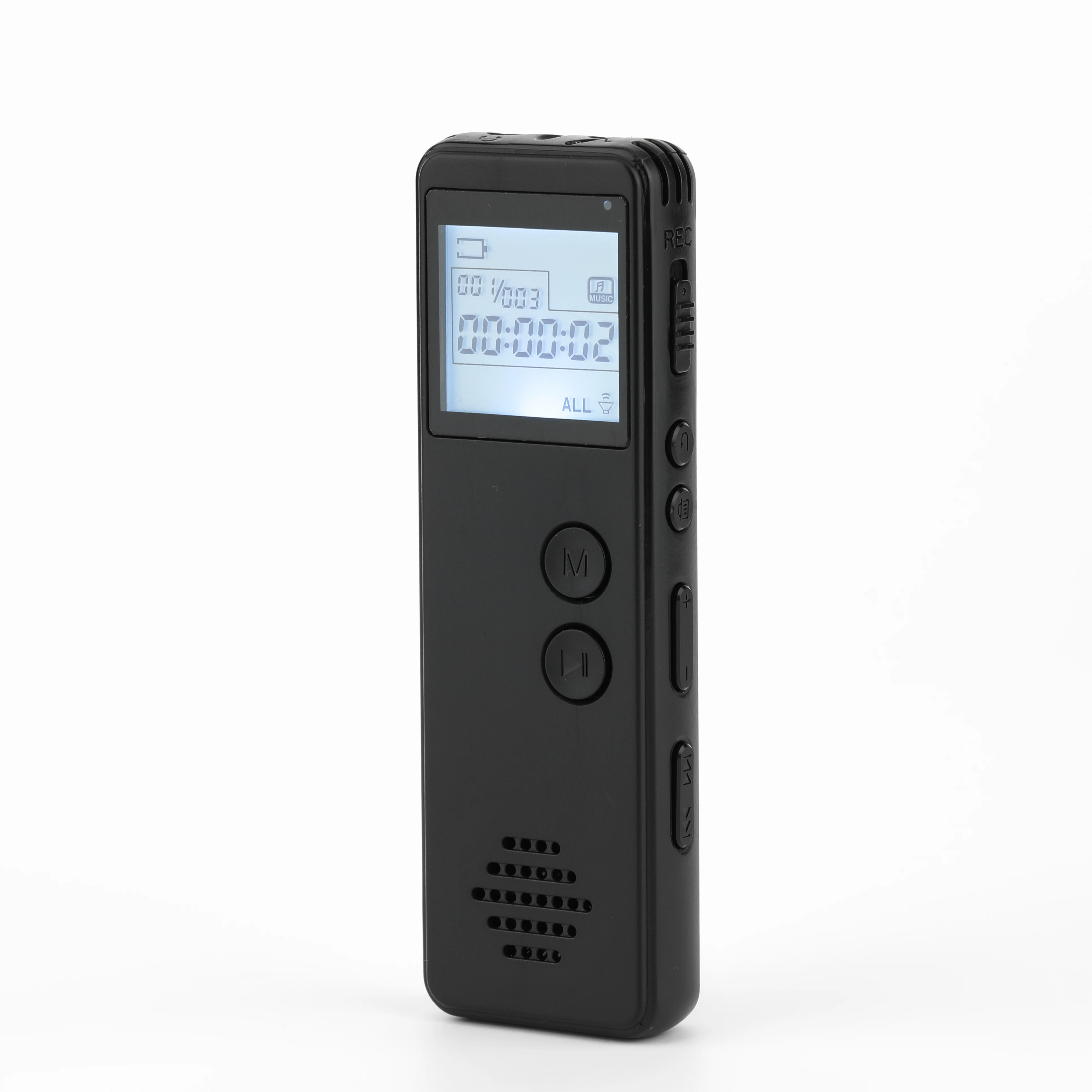 Black handheld digital voice recorder with LCD screen displaying playback info and control buttons, resting on a plain white background, calm and neutral mood